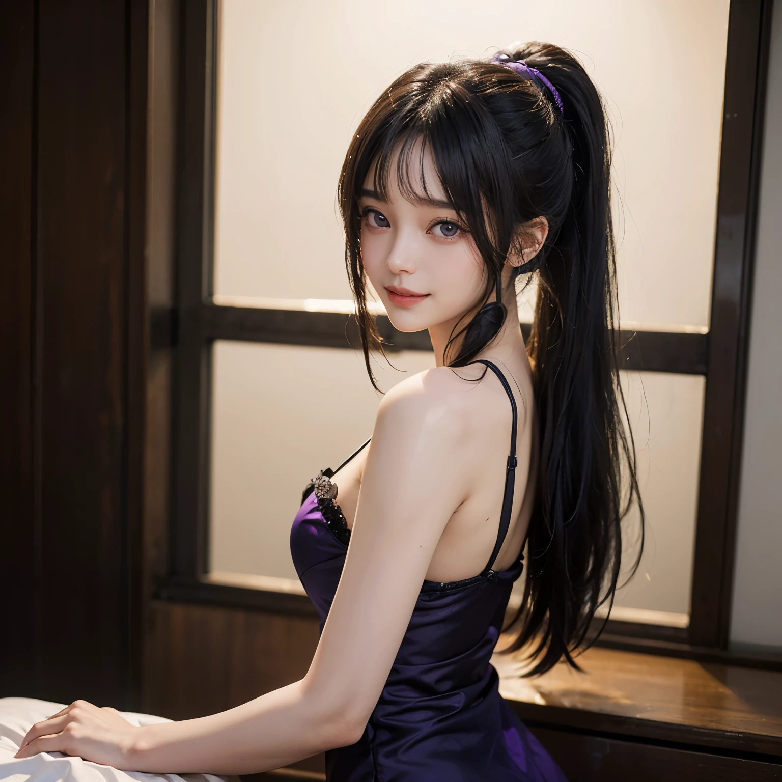 A beautiful girl with a calm atmosphere. Her long black hair flows down her back and her deep purple eyes are impressive. She always acts with elegance and refinement, but she has a strong will and passion inside. She is touching her ass with a sensual expression.