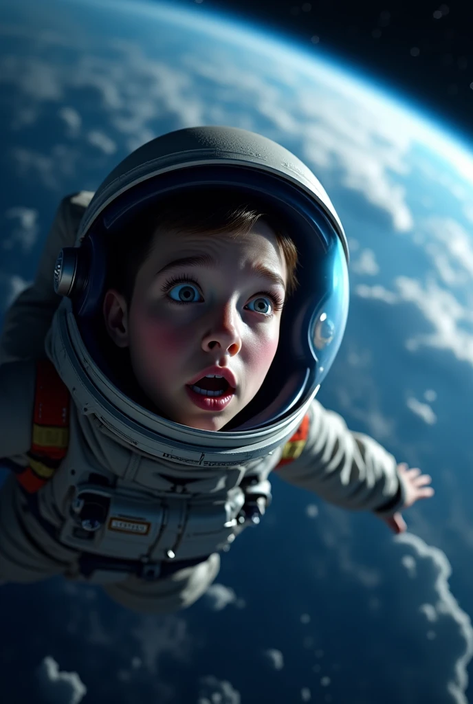 A boy exploring and soaring through space, with a close-up of his face, Earth in the background, cinematic effect, 8K resolution, high texture, high detail