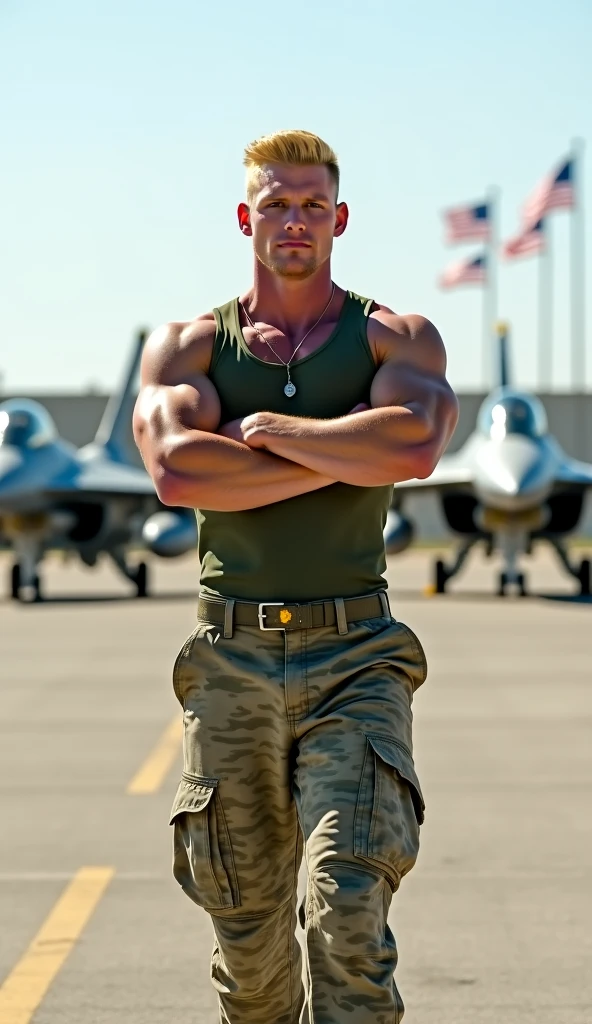 Sexy muscular man military pilot, Bare breasts, standing near a fighter plane, around a military airfield