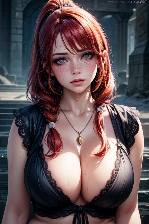 (Best quality,4k,8K,a high resolution,masterpiece:1.2),realistic,ultra detailed,sexual,Irene Belserion (Fairy Tail)Two thick braids,cruel expression,((naked)),((big 1.2)),sitting,war-torn landscape,severed heads of enemies on the ground,dynamic action pose,power and authority,fatal blows and parries,strong female protagonist,Billowing dust and smoke,determination in her eyes,confident and fearless,scenic sunset lighting,Bright colors,muscular build,slim and fit figure,epic fantasy work, sexual