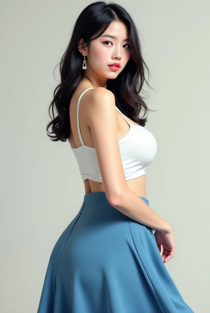 (1 girl), national foundation, (hotel background), ((32k, raw, masterpiece: 1.5)), (Professional photography, sharp:1.2), Perfect dynamic composition, (Natural sun light), (soft shadow), (Perfect body:1.4), (((skinny figure))), ((huge round breasts: 1.4)), (((huge round buttock: 1.5))), (((((black long hair))))), ((Ultra-detailed faces and skin)), perfect asian, White skin, (Delicate skin:1.4), (latex skin:0.4), (perfect glowing skin:0.6), light brown eyes, beautiful eyes, round eyes, pretty face, blush, glossy lips, glossy eyes, Perfectly proportioned face, Really moist skin, Refined expression, (((huge smile at the camera))), looking at camera, Refined expression, Elegant necklace, Elegant earrings, minimalist, ((((blue and white tank top, white yoga pant)))), ((back shot camera))