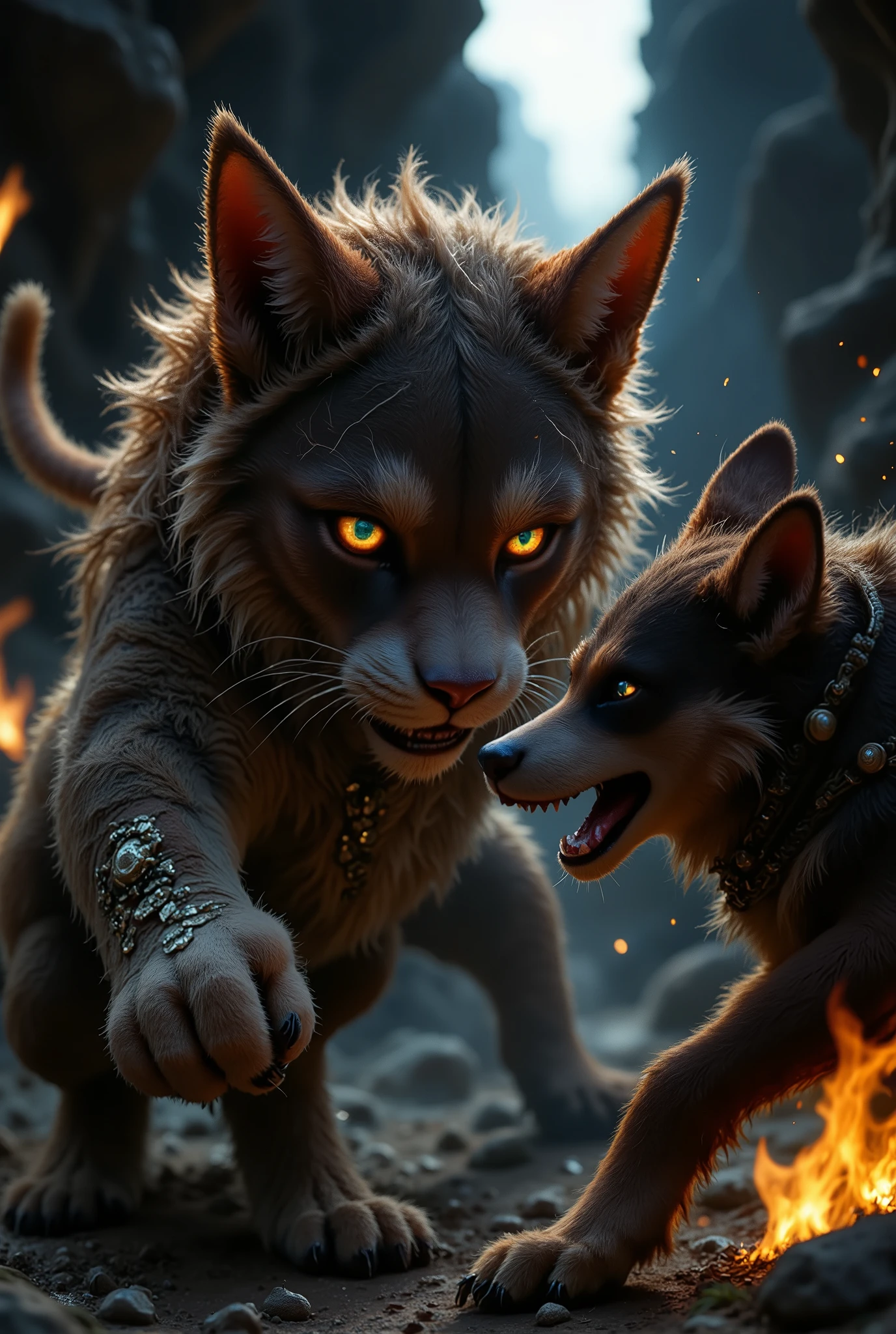 cat-dog wars, detailed anthropomorphic cat and dog characters in battle, intense dynamic action, cinematic lighting, epic fantasy landscape, dramatic atmosphere, digital art, 4k, ultra-detailed, cinematic, masterpiece, vibrant colors, volumetric lighting, depth of field, dramatic lighting