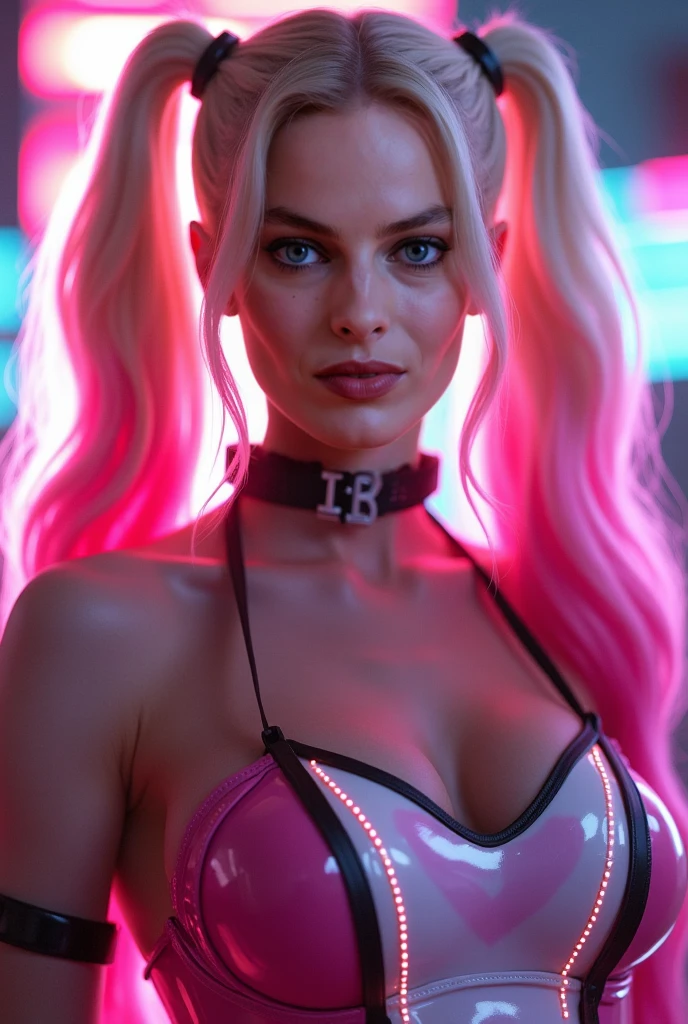 (thepit bimbo:1.4)), blue eyes, crop top, high thong, hoop earrings, detailed, skin texture, back-length hair, blonde hair, beestung lips, symmetric, centered, closeup, upper body, cleavage focus, collar, mini jacket, looking at viewer, kneesocks, 8k, highly detailed, glossy, [Nina Dobrev|Emma Stone], photo-realistic, cyberpunk. smile, naughty smile