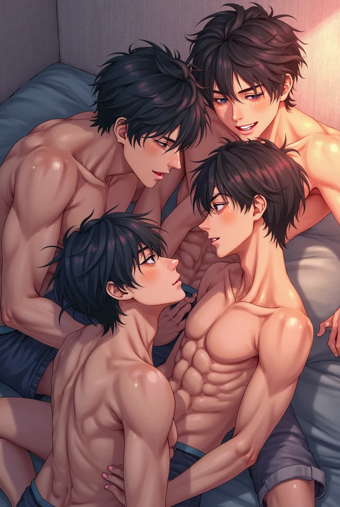 high quality, detailed, Realistic, (two japanese boys), (detailed black eyes), (abs:1.5), (shiny skin), detailed nipples, black hair, (black tiny thong), (erected bulge), summer noon, (smile:0.7), close up face, laying, kissing,
