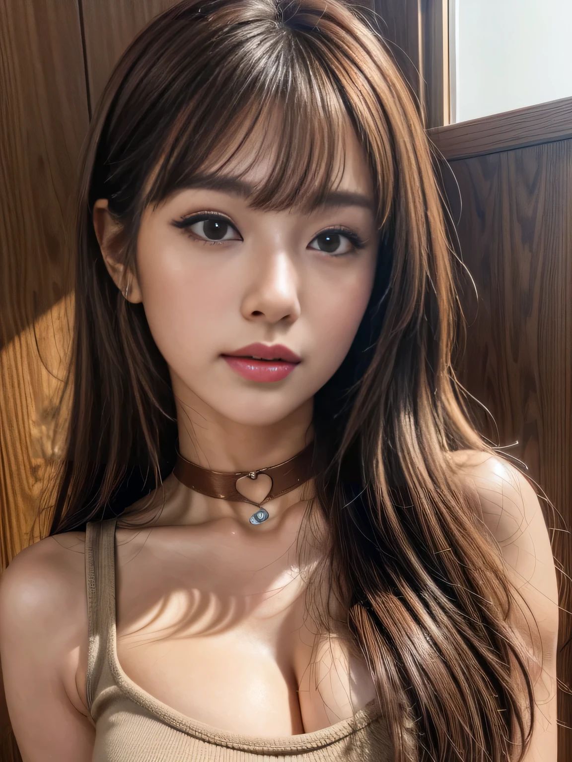 makeup, angry, mullet, hoop earrings, raised eyebrows, half-closed eyes, clenched teeth, ass pov, uhd, anatomically correct, high details, best quality, 8k、One Japanese woman、30 years old、A close-up photo of a face with focus on the face、background:hotel lobby、Focused eyes、Detailed eyes、Detailed face、Light brown hair、White T-shirt、Brown eyes、Symmetrical eyes、Heavy makeup、
