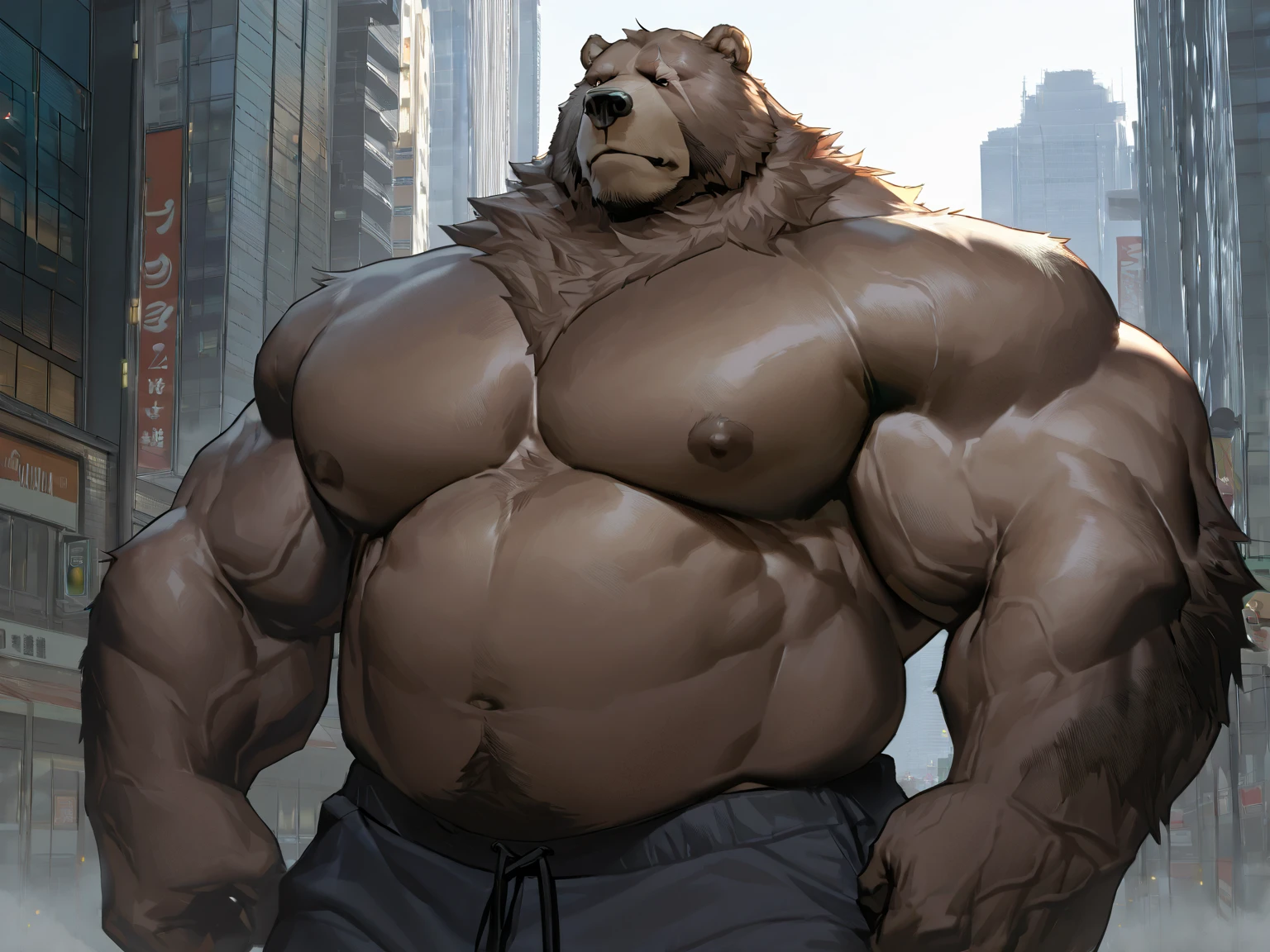 intricate detailed eyes, masterwork anime illustration, perfect proportions, powerful muscular body, perfect hands, veiny muscular body, thick heavy huge fur, brown fur, thick arms, large biceps, masterwork anime screenshot, detailed muscle, old Grizzly bear, long beards, thick mustache, good anatomy, masterpiece, art winner, gym, extremely huge muscular, massive muscular, full-body, well-muscled old bear. ((extremely muscle size, super thick arms, huge pec, extremely wide pectoral , huge arms)). and add details to make it attractive and interesting. Add textures and details to make the image more realistic, Make sure the resulting image is high resolution, 8K quality." (best quality,4k,8k,highres,masterpiece:1.2),ultra-detailed,(realistic,photorealistic,photo-realistic:1.37),dramatic lighting,chiaroscuro,atmospheric,moody,cinematic