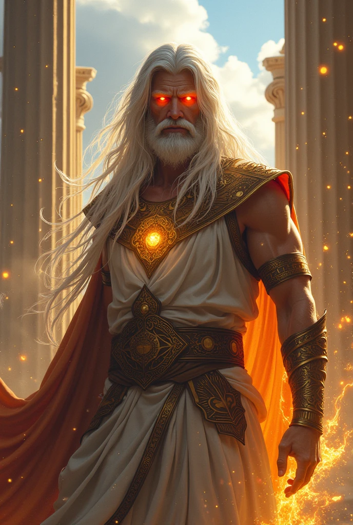 a male whos a god of light that has long, white hair that's half way up. his right eye golden, and his left eye blue. he also wears two gold laurel headpieces and a traditional
god outfit