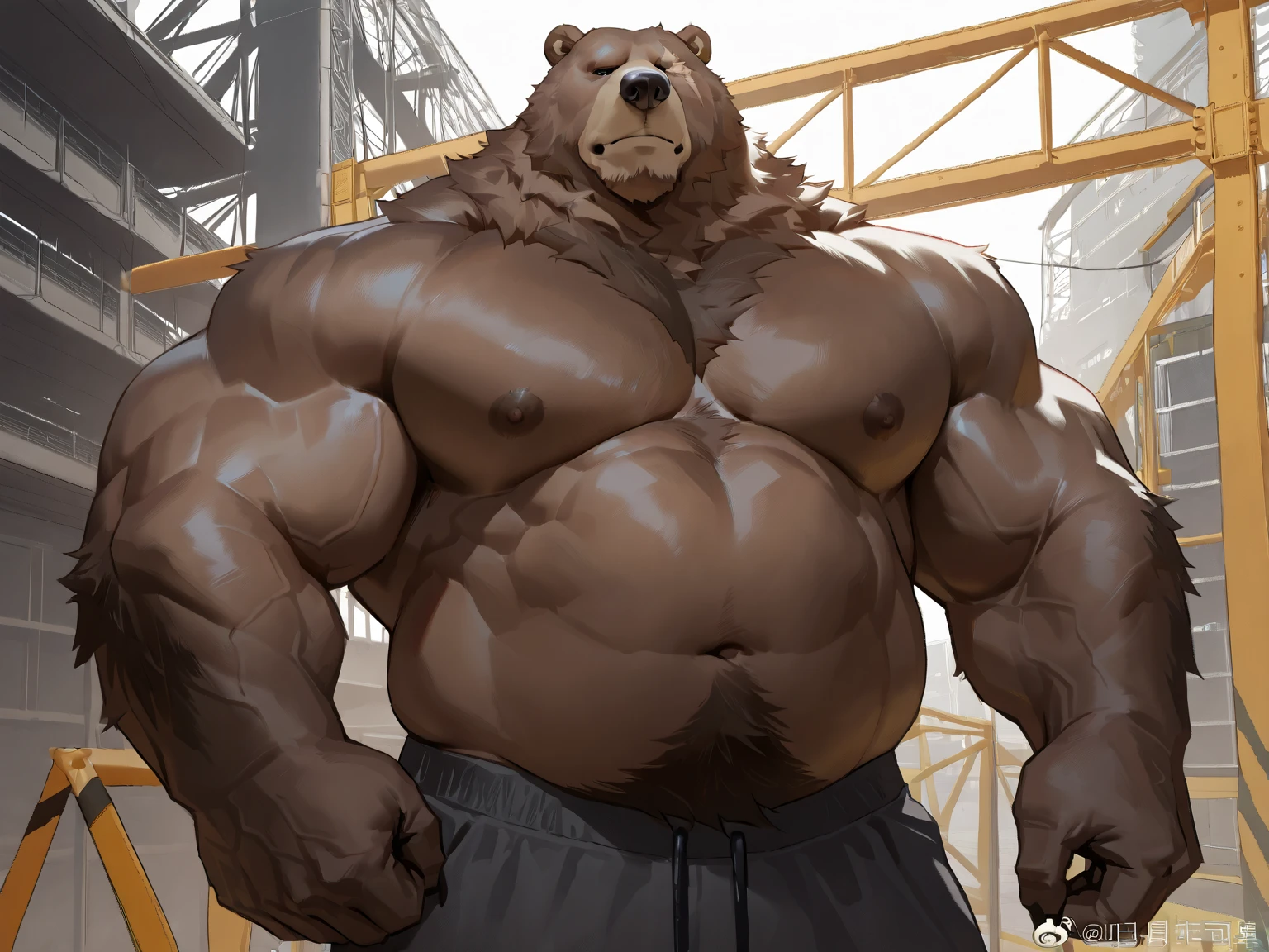 (lora:Ben-ZenlessFRL22nO:1)ben (zenless zone zero), (by taran fiddler), (by darkgem:0.8), (by chunie:0.8), masterpiece, (((detailed fluffy fur))), looking at viewer, scar, seductive, ((bedroom eyes)), bear, brown fur, fur, male, (manly:1.3), full body view, musclegut, ((construction site background, sunshine, sun rays)),((standing)), ((sweating, sweaty, sweat)),((big nipple)),((thick thighs)),((vein)),((Bulging crotch)),((huge balls)),((big dick))