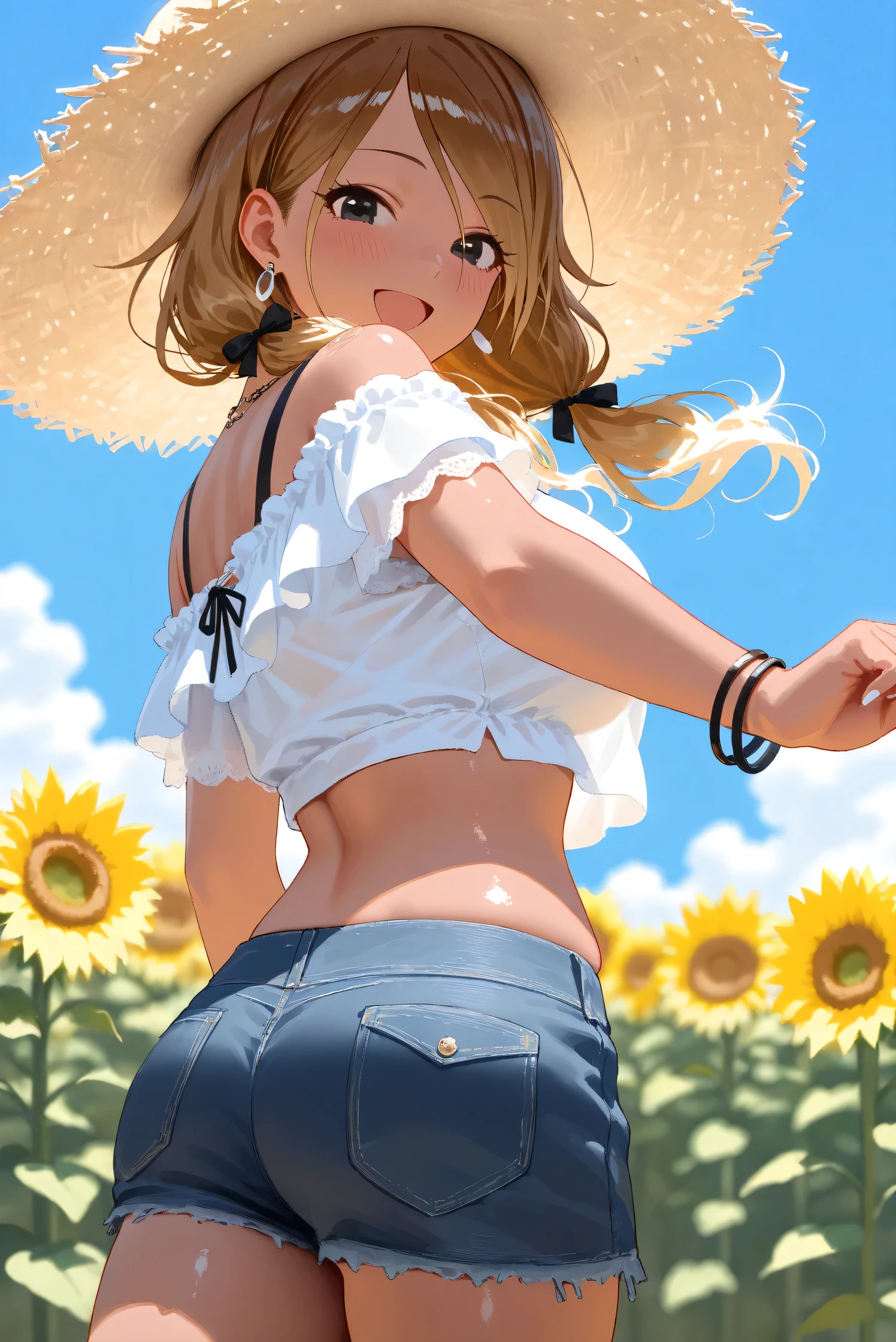 1 girl, (((raised high huge round buttocks))), Wide A sunflower field in full bloom,Back view of a woman in Translucent white thong (underwear),long shot,wide view, commercial photography,award-winning photograph,(photorealistic),unity 8k wallpaper,(ultra detailed:1.3),(light_on_face:1.4),CanonEOS 5D MarkIV DSLR