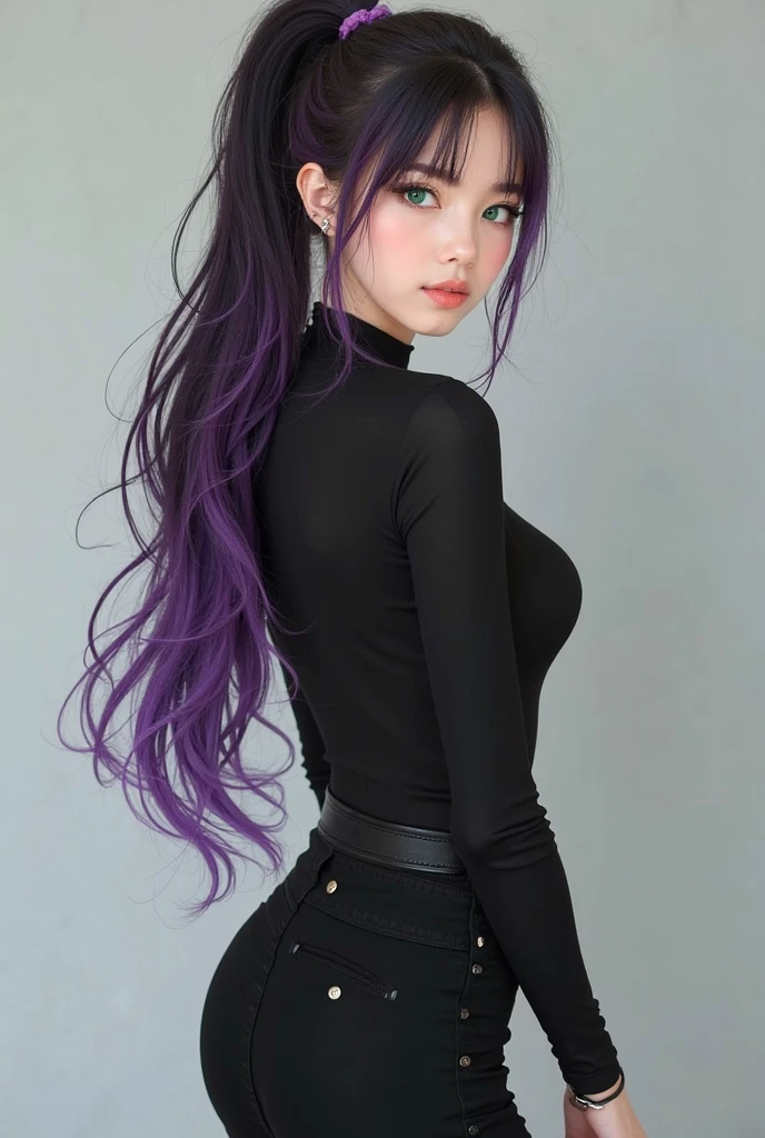 sfw, Girl with long purple hair, Slim, bike shorts, seen from behind, wearing bra,((skinny waist)), young asian girl, ((big breasted)),