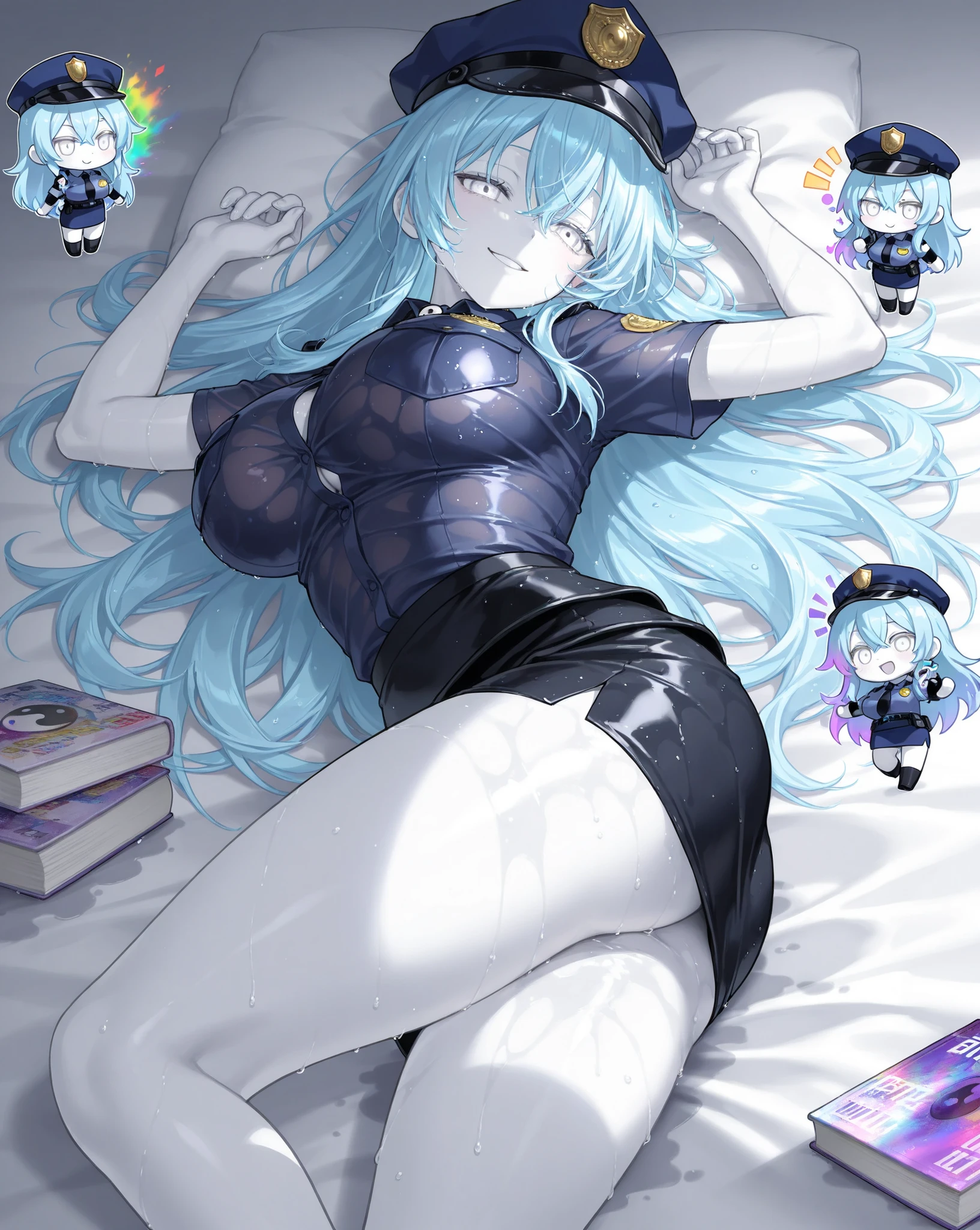 Rem from ReZero, Blue-haired girl, hair covering left eye, maid suit, white pantyhose, huge breasts, thin legs, ahegao, soft eyes, short, two-dimensional hair, covering her