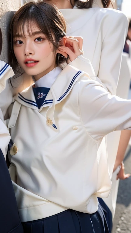 ((nighttime scene、Realistic light、top-quality、8K、masterpiece:1.3))、1girl in、Slender Body Cute Woman:1.4、(brown haired、huge-breasted:1.45)、a bed、hyperdetailed face、A detailed eye、二重まぶた、Asian woman taking photo in pink skirt and white shirt、japanaese girlの制服、japanaese girl、Japan School Uniforms、Sailor suit with loose coat color、sakimichan、Amazing school uniforms、 White fashionable clothes、ulzzangs、Japan School Uniformsを着て、Sleek White Bodysuit Set、cute kawaii girl、Japan Female Fashion Model