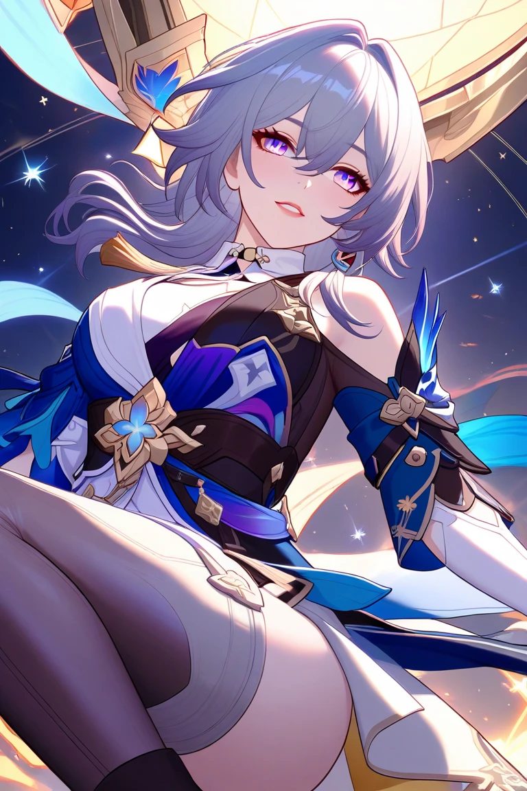 Marhd, Mards, 1girll, Solo, a skirt, mitts, 耳Nipple Ring, jewelry, By bangs, eBlue eyes, Black gloves, longer sleeves, Blue dress, Stockings, choker necklace, Fingerless gloves, white shirt, Hair between both eyes, short detailed hair, Single glove,pleatedskirt,Partially fingerless gloves,mid - length hair,Purple eye,Single stockings,jaket,Multicolored eyes,White stockings,White panties、Sit on the stairs、NSFW:1.5、(bends his knees,spread their legs),Evil laughter,(tmasterpiece:1.6,best qualtiy),(Fine eye beautification:1.2),ultra - detailed,illustratio,Beautiful detailed eyes,