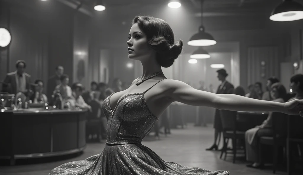 Uma mulher sofisticada em um baile dos anos 1950" Uma imagem de uma mulher glamourosa vestida com um deslumbrante vestido de baile dos anos 1950, Stretching elegantly across the ballroom dance floor. The image is styled with a vintage black and white filter, capturing the timeless elegance and charm of the high society nights of the time.