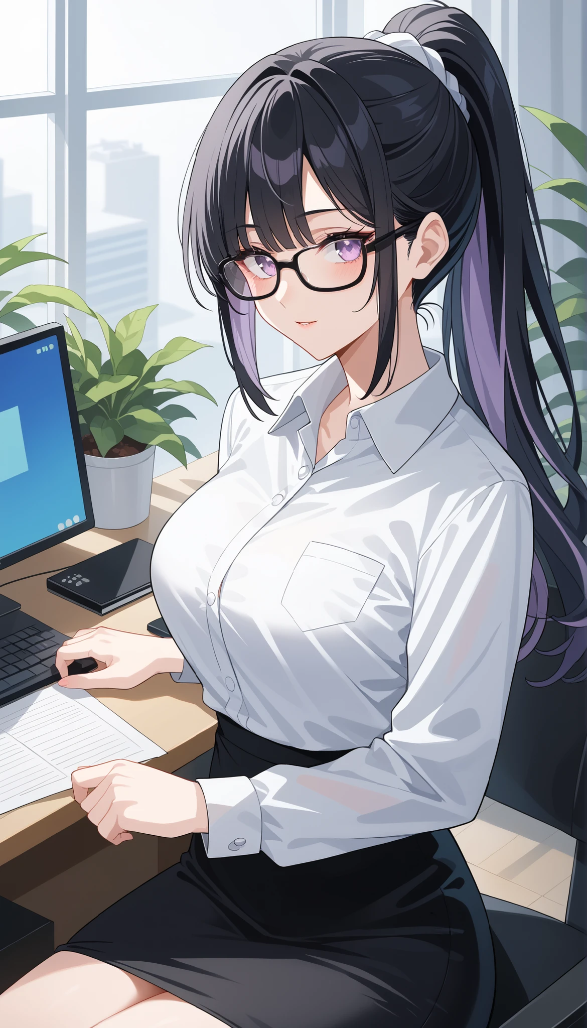 ((highest quality)),(ultra high resolution),(Super detailed),(detailed description),((best CG)),(best work of art),super precision art,great drawing art,(Art with precise details:1.5), (1 woman:1.8),(beautiful and well-shaped face:1.5),(Office Lady:1.6),(Office Casual:1.5),Tight Skirt:1.4, Office in a high-rise building:1.5,Intelligent glasses,