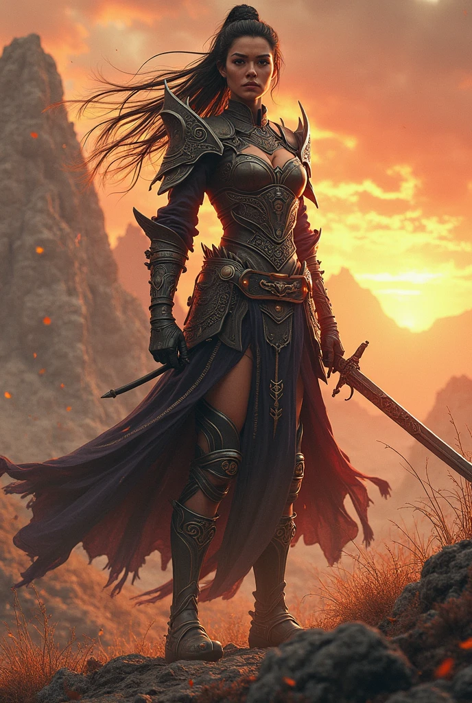 a dark brune women fairy badass warrior realistic with forest in fire background