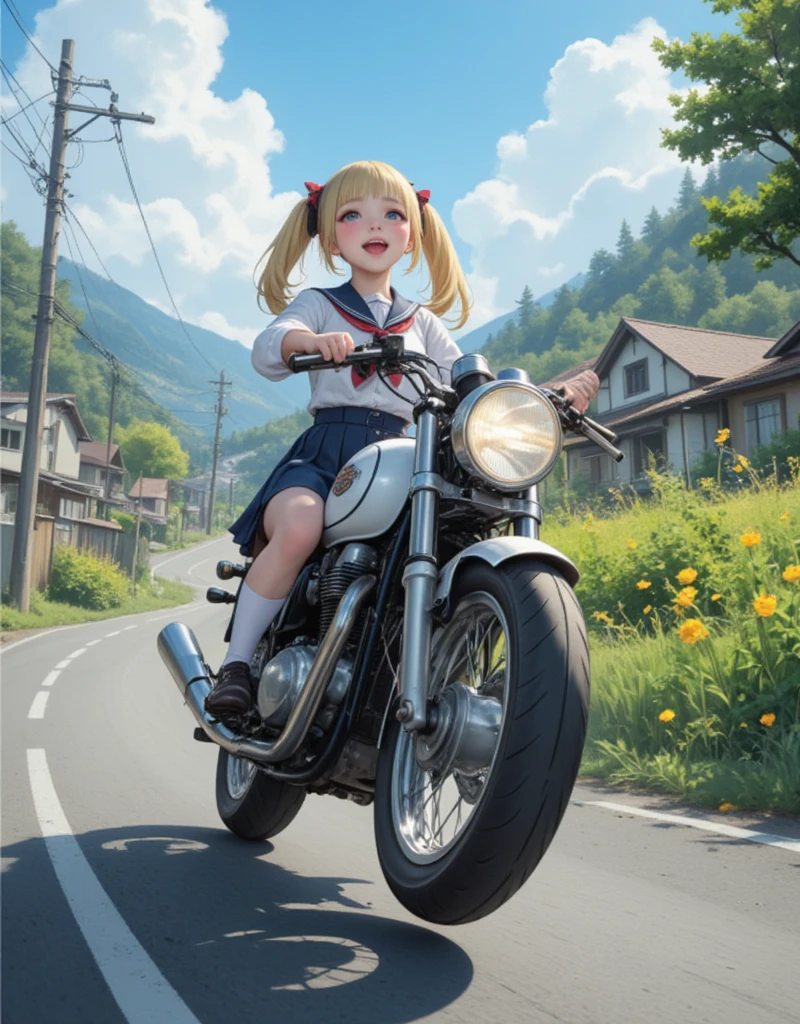 drizzle，Clouds，sunbeam，highway，Little girl on a motorcycle，Spiked hairstyle，Flowers，Mountain，aqua，bird，Chibi T-Shi，Full body