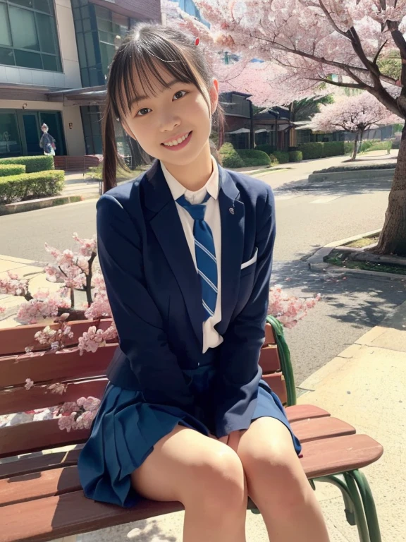 歩道でsquatting downかわいい18歳の女の子,red tie uniform,dark blue closed blazer,blue plaid mini skirt,bangs,a little smile,thighs,knees,random pose,pretty girl,slender girl,squatting down,