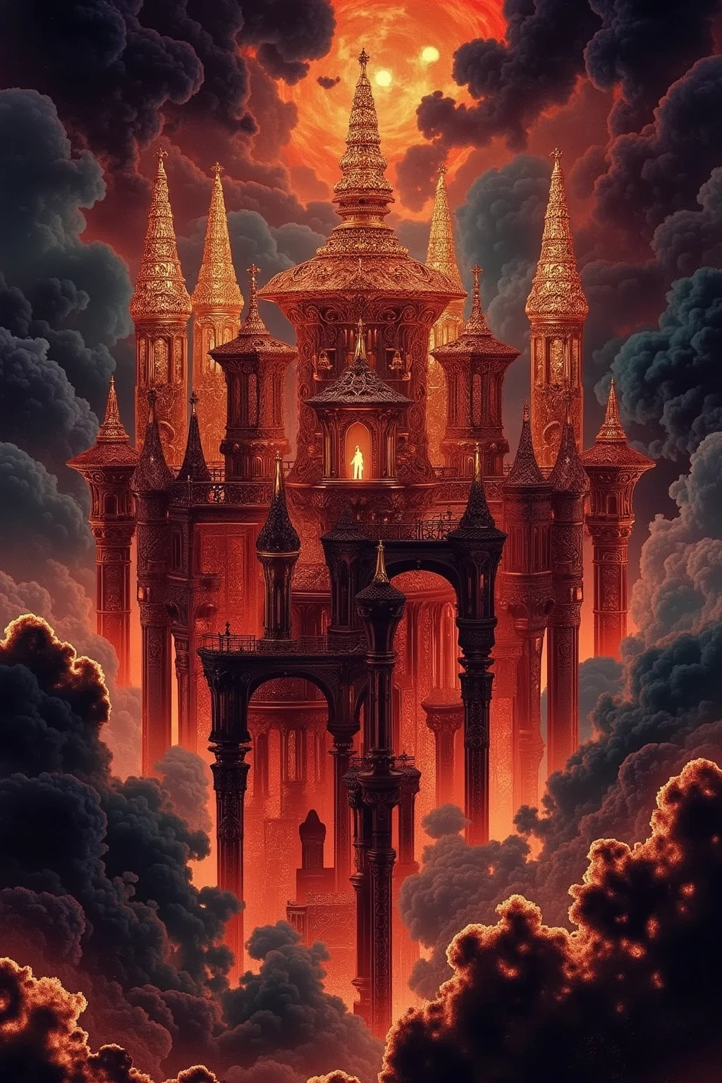  Aerial Cities、floating above clouds wrapped in a fiery aura baroque building、World Above the Clouds、is wrapped in a bewitching aura、Robust atmosphere、digital fantasy art、dark fantasy、cinematic lighting with monsters in the castle、 complicated and detailed、Stunning digital graphics、Artistic and dynamic composition、Wide angle、Best Quality、high definition、masterpiece:1.4、high definition、absurd