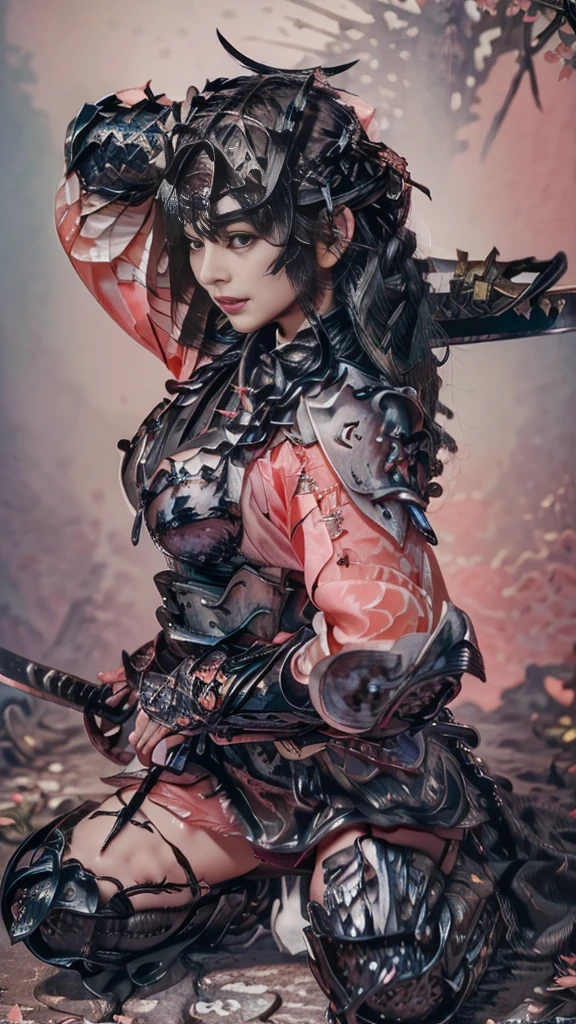 stunningly detailed absurdly adorable cyber fairy grunge style illustration, petite, full body shot, tightly grip a katana, open stance, cool eyes, glow sharp eyes, gray and red hair, classical samurai armor and gauntlet, samurai helm, hauntingly beautiful flower garden background, beautiful detail glow, (every detail captured texture:1.1), extremely insane detail, exquisite detail, insane details, divine possession water coloring, extremely elaborate detail, amazing background detail, intricate surface detail, (impeccable quality:1.1), highest quality, highly quality, best quality, hyper realistic, (style of silkscreen:1.2),