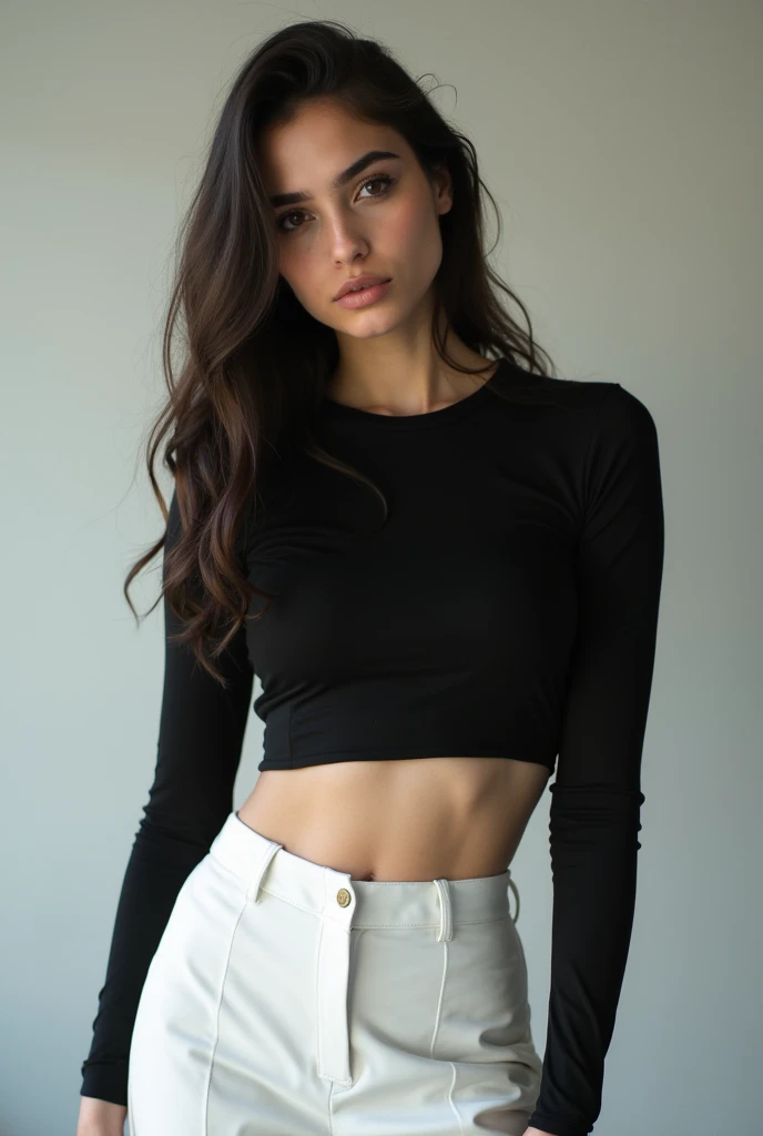 Create an image of a sexy and tall dark brunette with slightly wavy hair, standing at 175cm tall. The woman should be dressed in a sexy with a cute short skirt and pantyhose, posed in a way that is slightly erotic. The image should be captured on a sunny university campus, with a focus on showcasing the woman's cute face, cute hairstyle, and perfect body. The image should be captured in a way that creates a dynamic and alluring image that combines the allure of the with the sex appeal of the woman's body and the excitement of the university setting, viki odintcova