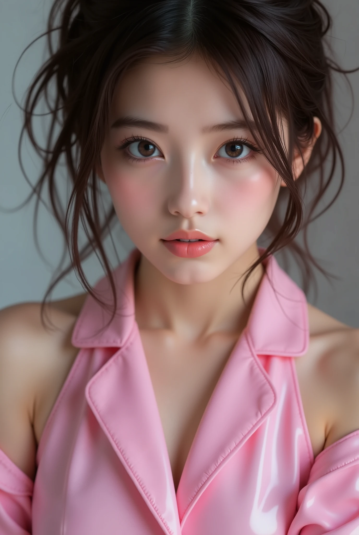 (Raw photo:1.2), (photographrealistic:1.4), 美しい詳細なgirl with, extremely detailed eye and face, Beautiful detailed eyes, Ultra-detailed, High resolution, top-quality, masterpiece, Highly detailed, 8K Wallpaper, Wonderful, finely detail, top-quality, Light on the Face,电影灯光,1girl with,((top-quality)), 1beautiful woman, accurate anatomy, perfectly proportions, Colossal :1.4, ウェットブラックshort-hair, Loose waist, (Pink latex, long-sleeve:1.4), ((Trance representation:1.5)),photo realistic1.4、((top-quality、8K、masterpiece:1.5))、foco nítido:1.2、dynamicposes、cleavage of the breast、perspiring、drooping smile、girl with、独奏、musculature、Abdominal resection、Detailed eyes and skin、Impressive shadow quality,8K,超A high resolution:1.2),(かわいいgirl with),(Huge breasts), ars, Junil,(short-hair:1.5),Delicate body