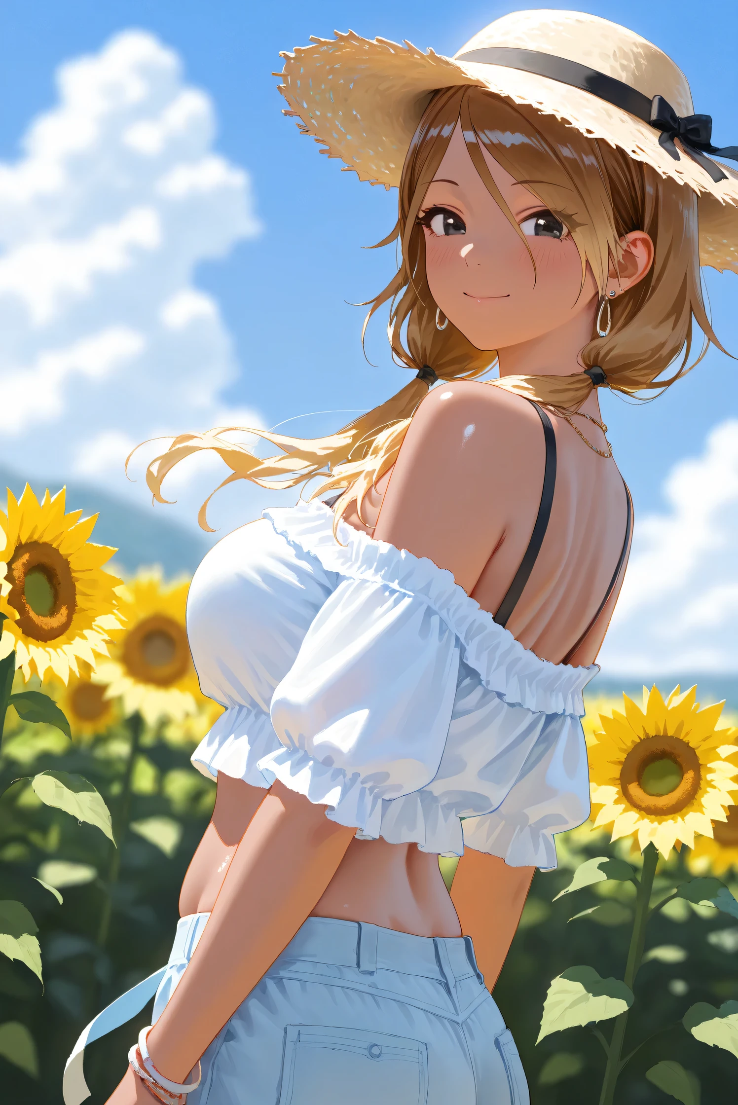 1 girl, (((raised high huge round buttocks))), Wide A sunflower field in full bloom, a woman in Translucent white thong (underwear),long shot,wide view, commercial photography,award-winning photograph,(photorealistic),unity 8k wallpaper,(ultra detailed:1.3),(light_on_face:1.4),CanonEOS 5D MarkIV DSLR