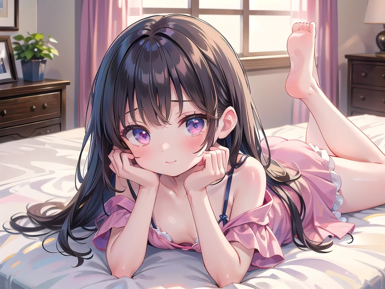 Lying on the floor in the room、Picture a person listening to music with their feet up on the bed。 detailedな顔、detailedな手と脚、(masterpiece) (Highest quality) (detailed) (8K)、Background is blurred、Portrait Photography、