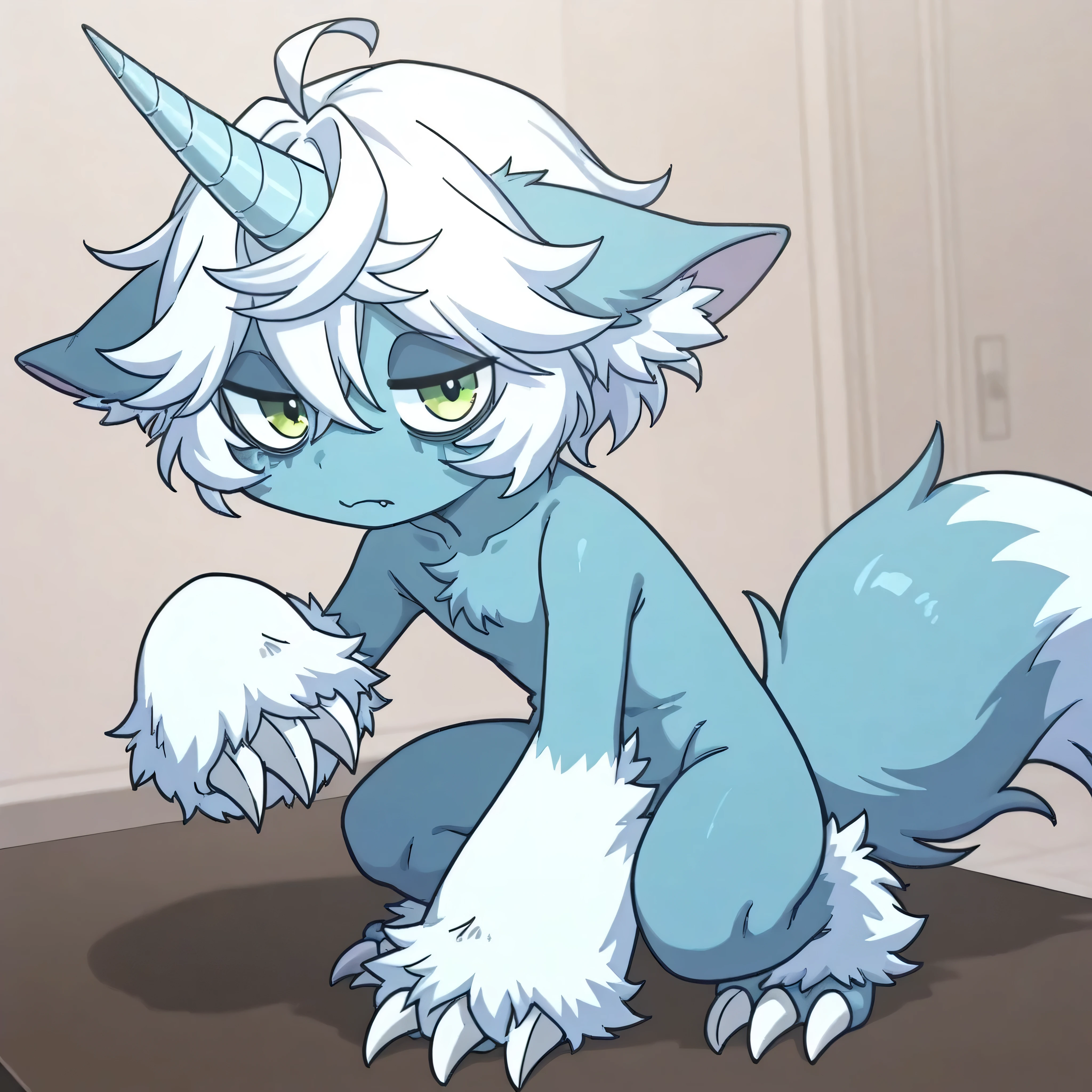 ultra-detailed, masterpiece, masterwork, high quality, best quality, hdr, posted on e621, (by hioshiru), nsfw, female, solo, chibi, (white little body dragon), hairy dragon, (long silver hair, yellow eyes, detailed eyes, white body), stylish pose, (nude, foreskin, balls), front view, dynamic angle
