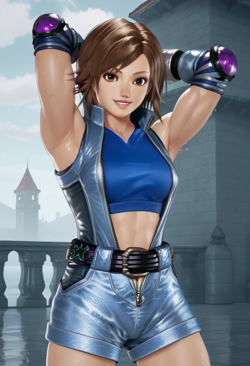 top quality, (masterpiece:1.2), (best quality:1.2), perfect lighting, 1girl, kazama asuka, taut clothes, sports bra, crop top, shorts, gloves, belt, elbow pads, midriff, <lora:tekken_asukakazama:1> <lora:3DMM_V12:1>