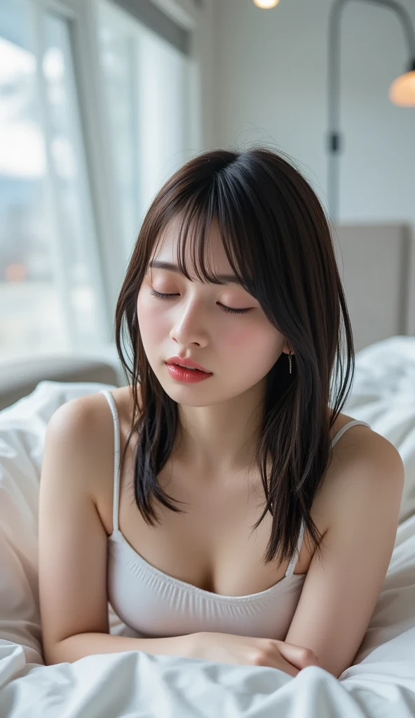 (Highest quality, 32k, High resolution, Masterpiece:1.5, ), marimo_jet, god々A photograph with brilliant dazzling and healing power., Evoking a sense of calm and elusive beauty, Expressing emotions, Have a rich imagination,Beautiful Japanese Girls, ((one person:1.7)), ((Sleeping in bed:1.4)), An exceptionally beautiful face, Small Face Beauty, Perfect Human Anatomy, Motherhood and generosity, Deep Love, Innocent sleeping face, Close ~ eyes, Shiny brown hair, Intricately detailed long hair, Asymmetrical bangs, Hair between the eyes, Transparent, soft white skin, Sharp eyebrows, Thin lashes, No makeup, Pale pink detailed lips, , ((grey camisole:1.2)), High resolution perfect collarbone, High resolution beautiful bust, Slim figure with ample breasts, High resolutionの美しい太もも, ((A bright room with morning sunlight streaming in:1.3)), ((White bed:1.3)), Professional Lighting, Professional photographer, Professional models, God&#39;s Secret