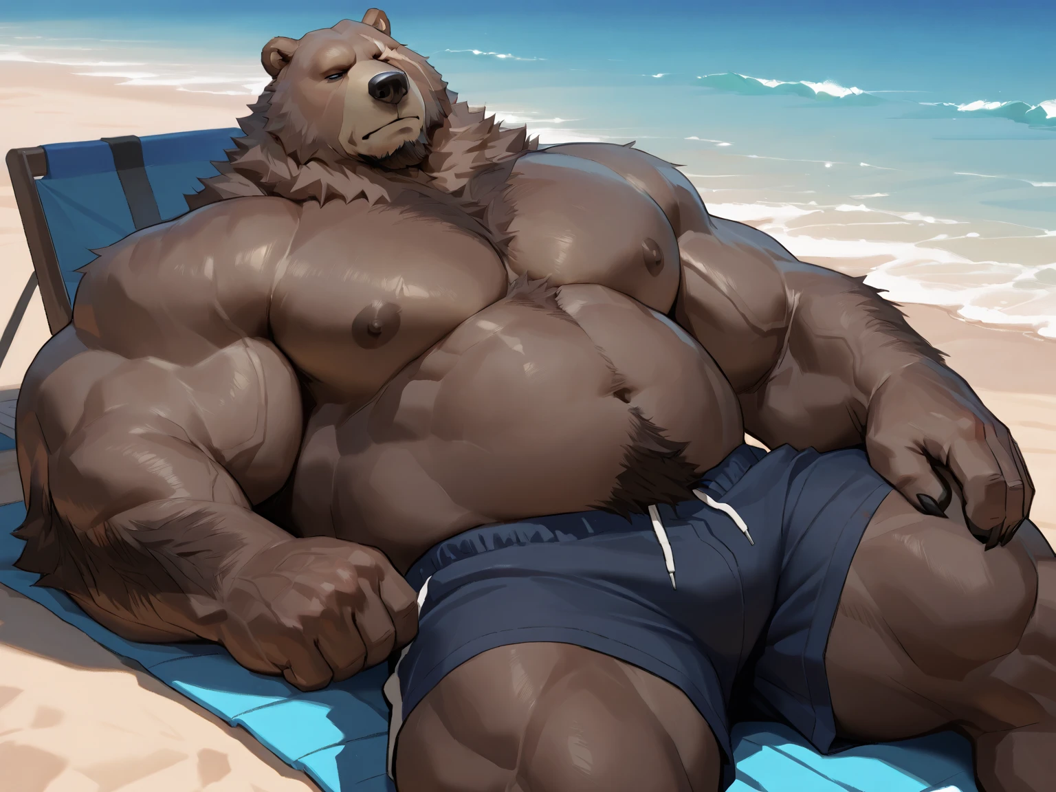 male gorilla, muscular athletic, sitting on a lounge chair posing sensually, wearing thongs, showing his erect penis, wearing a necklace, during the day, on the beach, NSFW, whole body, WET BODY, well detailed, Good quality, big body.
