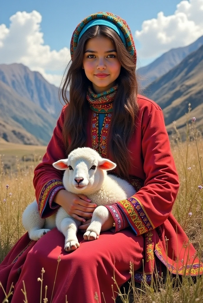 "A stunningly detailed, hyper-realistic close-up of a beautiful Kurdish girl. She is dressed in vibrant, traditional Kurdish clothing, with intricate patterns and rich textures visible in every fold of the fabric. Her colorful garments, adorned with traditional embroidery and accessories, flow gracefully as she sits on a large stone. The girl cradles a small lamb in her arms, their closeness evident in the way she gently holds the animal. The scene captures the warmth of the moment, with the backdrop subtly showing the rugged beauty of the Kurdish mountains. The focus is on the girl and the lamb, highlighting the emotional bond and the cultural richness of the setting."