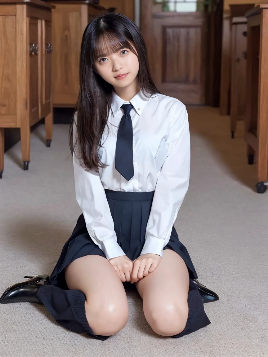 A middle school girl with long black hair wearing a school uniform who lifts up her skirt to reveal white panties.