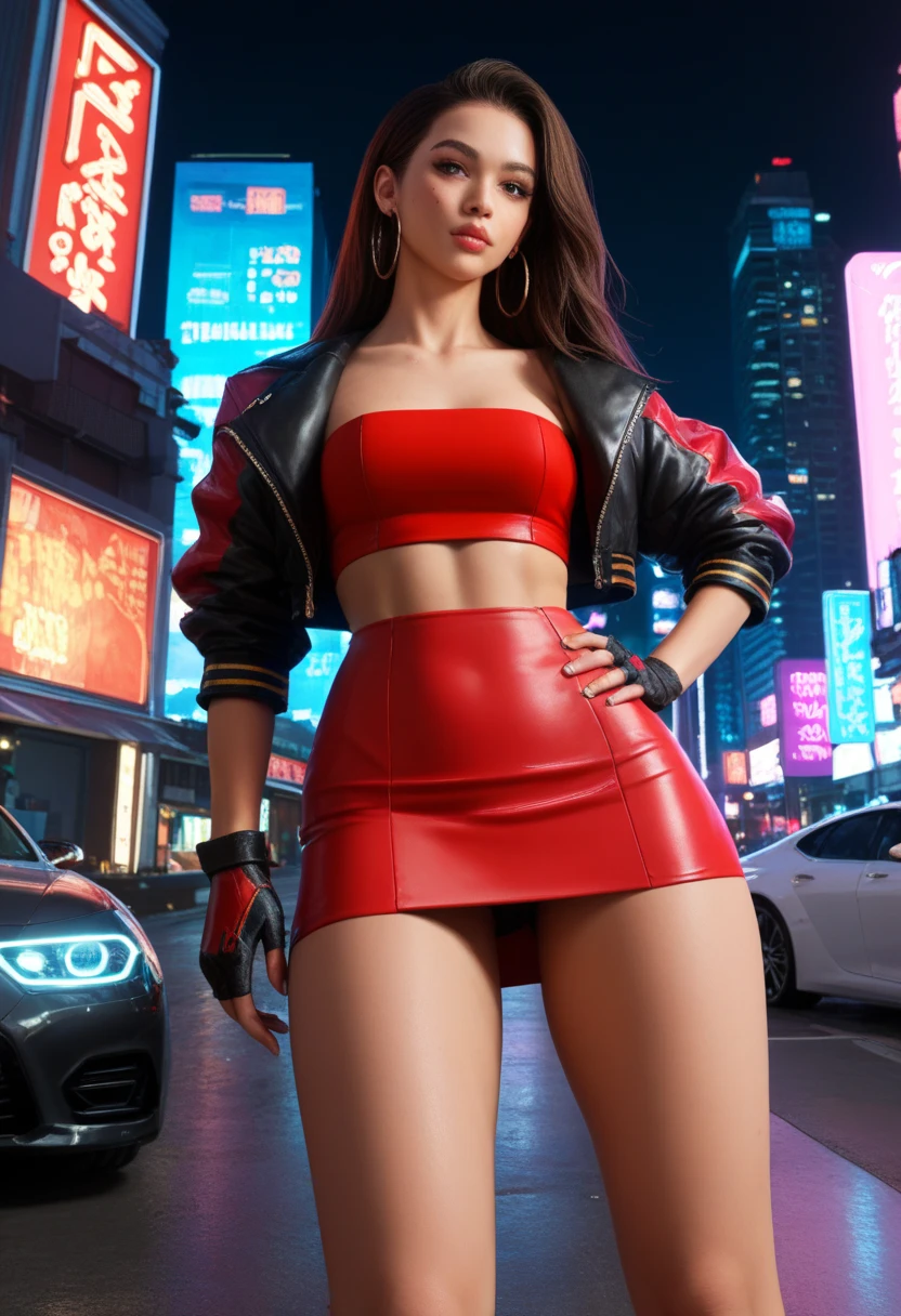 A woman in a short skirt and jacket posing for a photo., cyberpunk art by Raymond Han, Trends in CG society, Digital art, Chinese woman, korean girl, beautiful asian woman, asian woman, young asian girl, attractive girl, beautiful asian woman, korean woman, Chinese woman, beautiful south korean woman, gorgeous young korean woman, beautiful young korean woman, asian woman