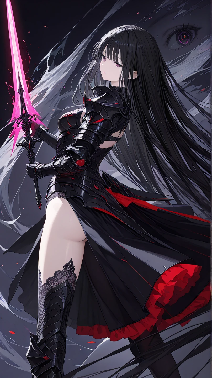 Make a dark elf with long black hair, Eyes red, long black dress, holding knives for angry combat Make her beautiful with beautiful body 