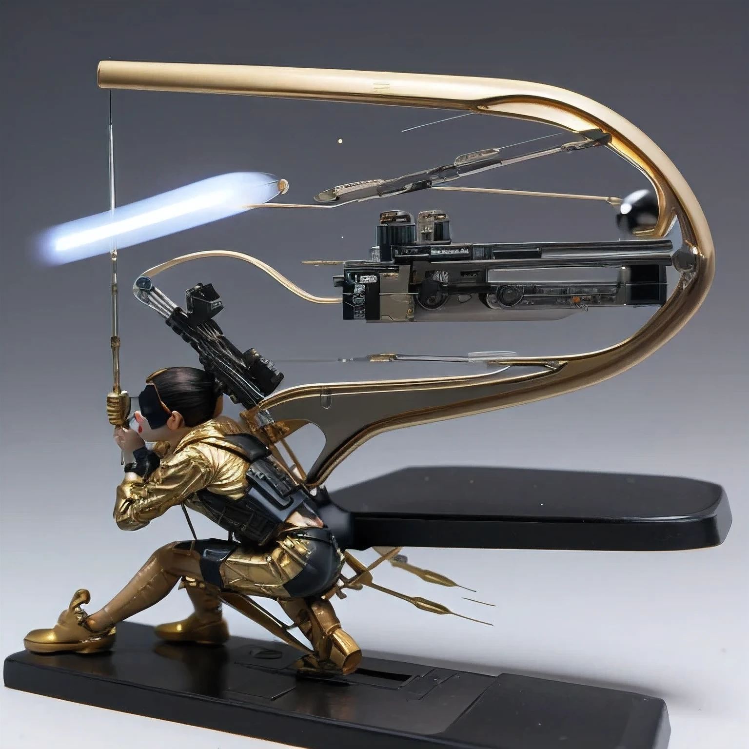 ine-tailed Suspended Harley Mist Round Star，Coarse Cloak Mayan Headcover Platinum Silk Cyberpunk Light Crossbow Space Station 1:900 micron miniature model，illustration，Side view angle，（（Side view angle））， wear gold frame reflective sunglasses ，Back to the future weapon， very happy ，Side view angle，full body，Stereo，Octane Rendering，Perfect face，Collagen texture