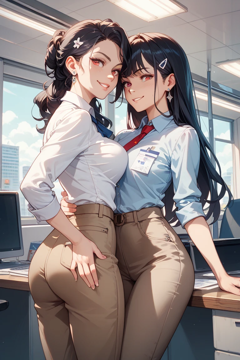 Ponytail sisters，office，suit，Unbuttoned，sexy，They are hugging each other，Naughty