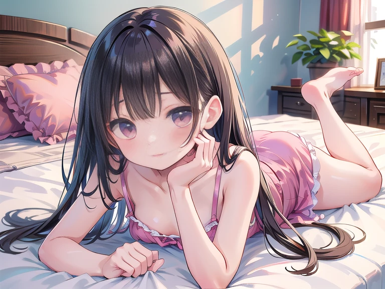 High quality、detailed、8k、(Rin Shibuya)、solo、Redness、short tank top、cute panties、Decolletage、Split seat、bed、dynamic angle