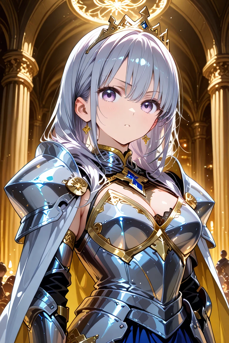(Official art、Best Quality、Unity 8k Wallpapers、32K、masterpiece、ultra-detailliert、超A high resolution、realisitic、Photorealsitic:1.2)、(Cinematic lighting:1.2)、Fireglow effect、film grains、Best Shadows、Rim lighting、side lights、sideshot、(Ultra-detailed and complex 3D rendering)、Detailed beautiful face and eyes、Sharp pupils、Realistic pupils、A slender、1Man Woman、Medium bust、(Full body:1.2)、 beauitful face、16-year-old beautiful girl、(super detailed skin、detailed skin textures:1.3)、(silver blond、Blue-silver hair:1.3)、Paladin、Longhaire、Blunt bangs、Gray eyes、3 braids in 1 bunch、(Blue Armor、Blue Boots、Blue helmet、Jeweled、Gold embroidery)、A slender、Maxi skirt、(thighs thighs thighs thighs:0.8)、(chies、in a house、Artistic stained glass、Large pipe organ、crosses、Hello Point、Mystical、Particles of light、solemnity、Sunlight is、colourfull、Fantastical:1.2)、(Fantastical:1.3)、(Carrying a silver sword:1.3)、(Looking away、looking distantly:1.3)、Fantastical、Gentle smile、I opened my mouth a little、