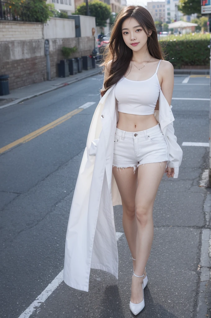 20-year-old Japanese woman, long hair and shoulders, white gauze shirt, princess sleeves, black underwear, black shorts, long legs, black booties, on the street, standing against a wall, legs crossed, looking down at the phone, messaging and typing, (photorealistic), (masterpiece), (8K)
