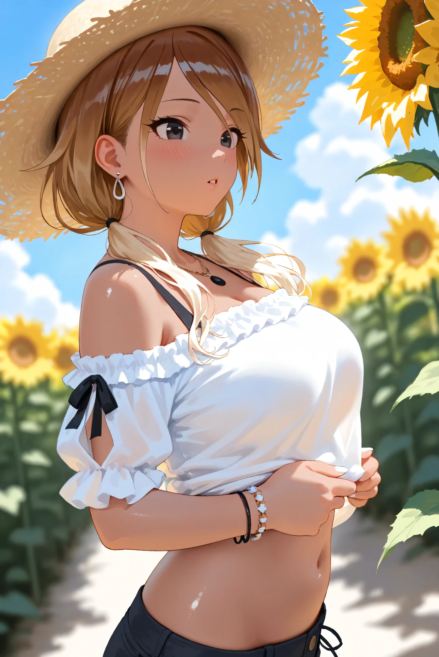 1girl, adult woman, (Naked: 1.4), (Blushing:1.4), (off shoulder red plaid shirt, open lumberjack shirt, completely naked), blushed, Smile, Cowboy Shot, Slim body, Small breast, small boobs, wet, drippimg wet, Full Body, glowing skin, detailed face, detailed eyes, (Detailed background: sunflowers farm, summer time)