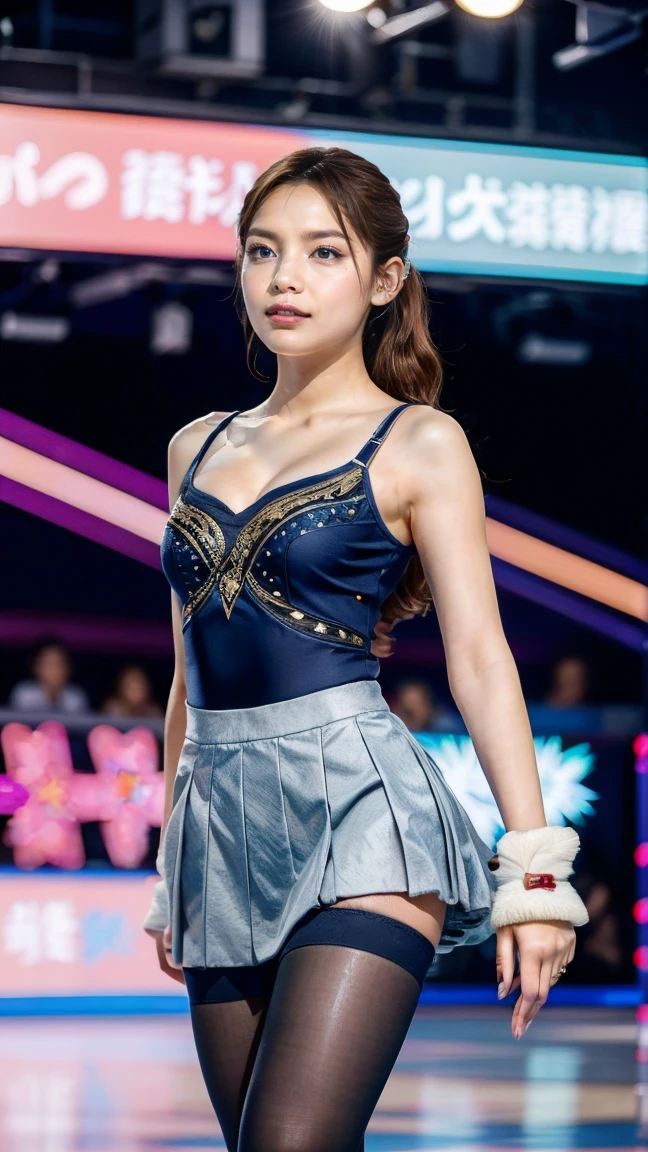 master piece、Ultra high resolution photo quality、cinematic camera work、Video of the entire stage、long shot、modern japanese strip theater、wide stage、wide seat、Mayu Minami、big droopy eyes、thick eyebrows、flushed cheeks、familiarity、very beautiful Japanese female dancer、athlete、very sexy、Very long and beautiful strong arms and legs and beautiful abs、Fair skin、Her fine skin is very beautiful、Sweat、beautiful bright smile、healthy、kind、Noble、refinement、kind、mild、raise one leg、active pose、yoga、gorgeous beautiful dress、Beautiful stage costumes、Dramatic and gorgeous beautiful lighting、Spotlight、Laser beam、smoke effect、clear acoustics、round table stage、body chain、