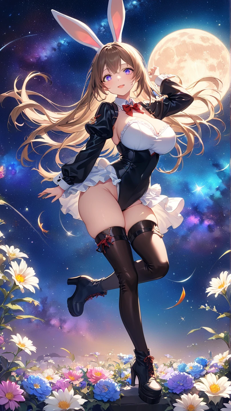 Highest quality, Super quality, 16K, Incredibly absurd, Very detailed, 2.5D, delicate and dynamic, Tavern, colorful lighting, Colorful mirror ball, Small faint lights and flying fireflies, night, Starry Sky, milky way, nebula, shooting star, Flowers, birds, wind and moon, Extremely delicate facial expression, Delicate eye depiction, Upper body close-up, erotic, sole sexy lady, healthy shaped body, 22 years old lady, Bunny girl, 170cm tall, huge firm bouncing busts, brown long hair, Hair band with long rabbit ears, Bunny girlのコスチューム, black leather long boots, pole dance