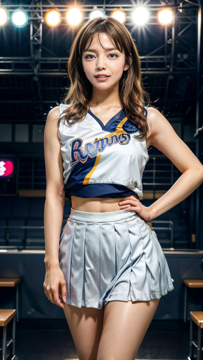 ((最high quality, 8K, masterpiece: 1.3, Ultra HD, high quality, 最high quality, High resolution, realism)) 、Very beautiful 22 year old Caucasian woman、Hair Color: Blonde、Blue Idium Hair、Straight hair、smile、Slim but well-proportioned body、Athlete-like figure、I want to keep my head out of the screen.、Wear accessories on your wrist、Put an anklet on your ankle、Wearing red nail polish、Having a pedicure、Being a cheerleader、Hold pom-poms and wave your hands in the air, They dance the cheer dance