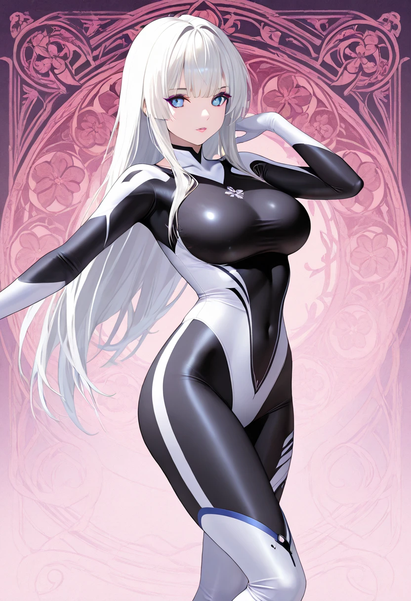  21 years old woman with gray eyes, white long hair,black biker suit, busty. big legs, comic style. Marvel comics