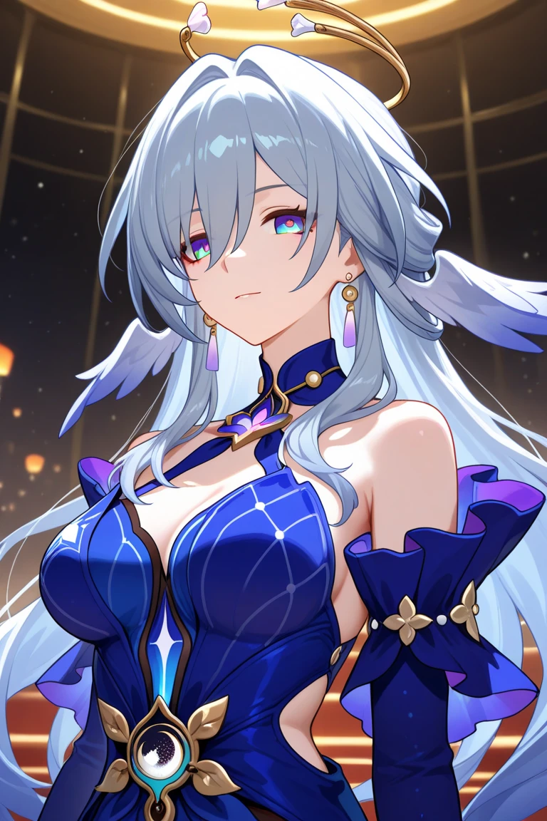 (masterpiece)、(highest quality)、((Super detailed))、(super delicate)、cute、Pastel colors hair、beautiful breasts、Gorgeous、fantastic sea of light、Gold, silver, and purple costumes