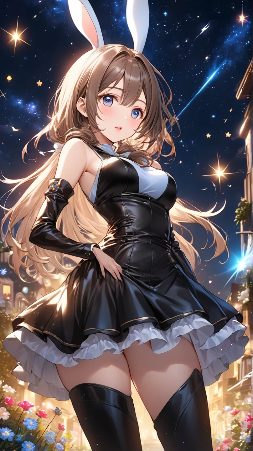 (Evil smile), (((Costumes that exude sexy evil, Gorgeous embroidery, Leather panties, skirt, Pantyhose))), ((Shiny Costumes)), ((skindentation)), skinny, solo, 1 woman, Masterpiece, highest quality, highest quality, 16K, incredibly absurd, highly detailed, 2.5D, ai-generated, delicate and dynamic, very delicate facial expressions, delicate eye depiction, erotic, only sexy woman, ((A cute and kind face)), healthy figure, ((25-year-old woman)), 160cm tall, medium firm swaying bust, Dark Hair, blush, Sweat,Embarrassed,sexy, ((thin thighs)), shiny and lustrous, facing straight at viewer, (((in heat))), ((Oily_skin)), ((Lots of sweat)), (((Brown Skin))), ((dutch angle)), ((erotic pose)), (((Dynamic Pose))), ((Starry Sky)), (Metallic clothing:0.7),