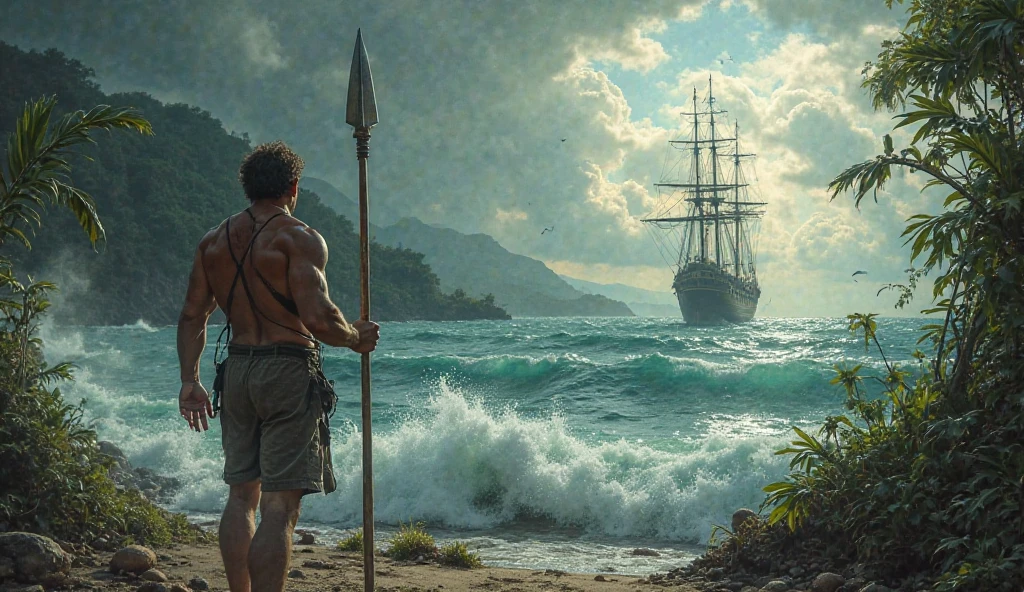 GENERATES A FISHERMAN IN THE 1800'S JOSE OLAYA LOOKING AT THE SEA ABOUT TO SWIM 2 KM WITH A SCARF ON HIS HEAD without a beard without many muscles about 30 years old