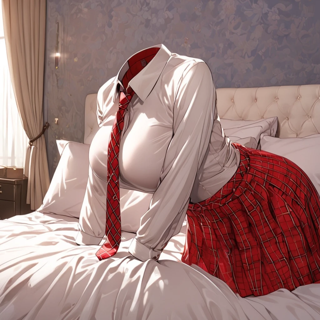 (invisible:1.5, no humans:1.5, headless:1.5, faceless:1.5), (pajana, red check tie, sleeping on bed:1.2), (big breast), (best quality, masterpiece:1.2), detailed cloth texture, detailed anime, illust, leaning forward